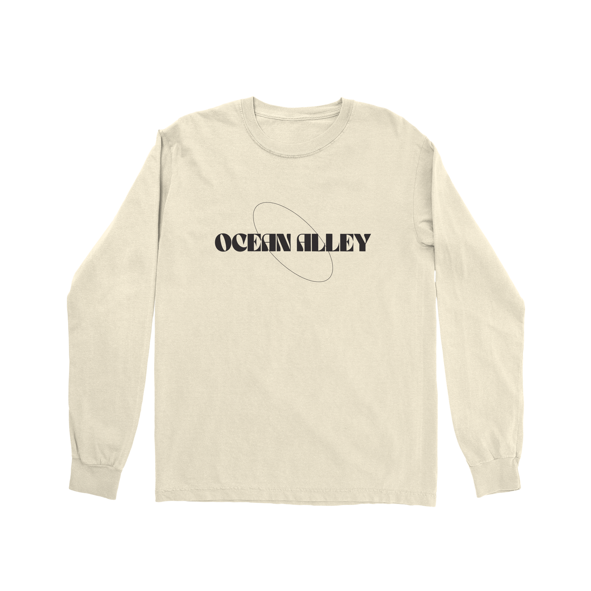 Long-sleeved cream t-shirt with Ocean Alley logo in black, perfect for casual wear