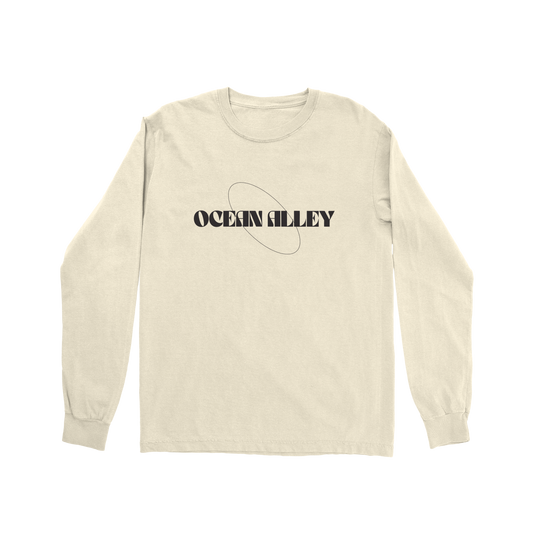 Long-sleeved cream t-shirt with Ocean Alley logo in black, perfect for casual wear