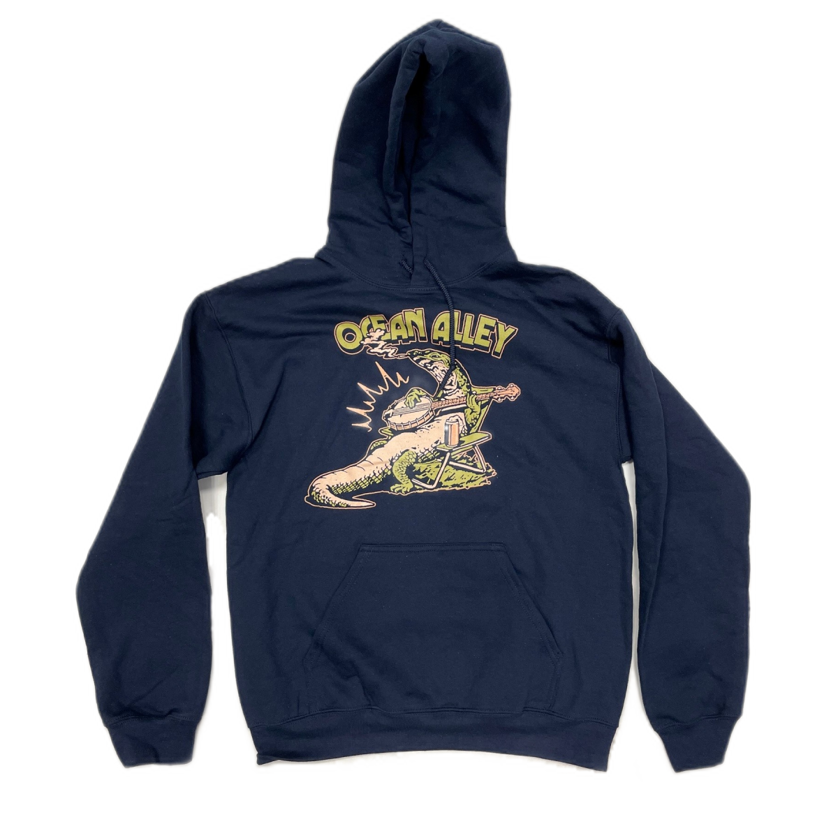 Navy hoodie featuring cartoon iguana design and Ocean Alley text for casual style