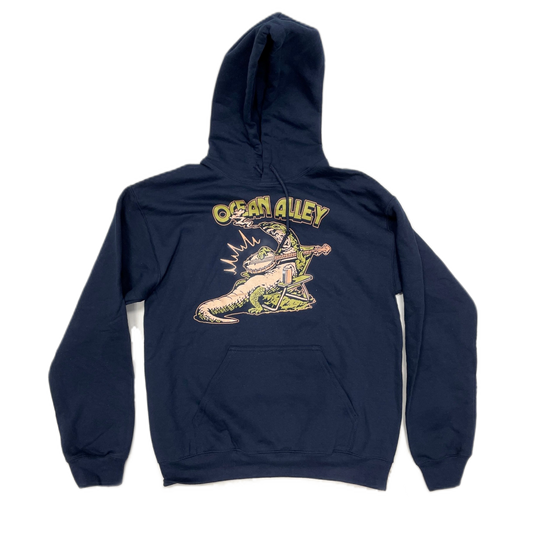 Navy hoodie featuring cartoon iguana design and Ocean Alley text for casual style
